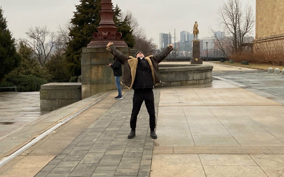 Bruce Dickonson on the Rocky steps